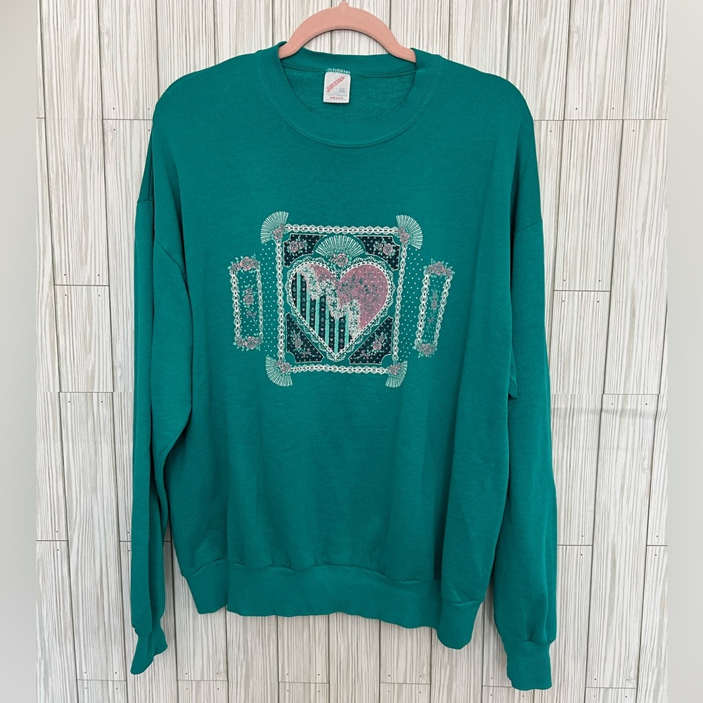Vintage Women’s Jerzees Teal Floral Heart Crewneck Sweatshirt Size XL
